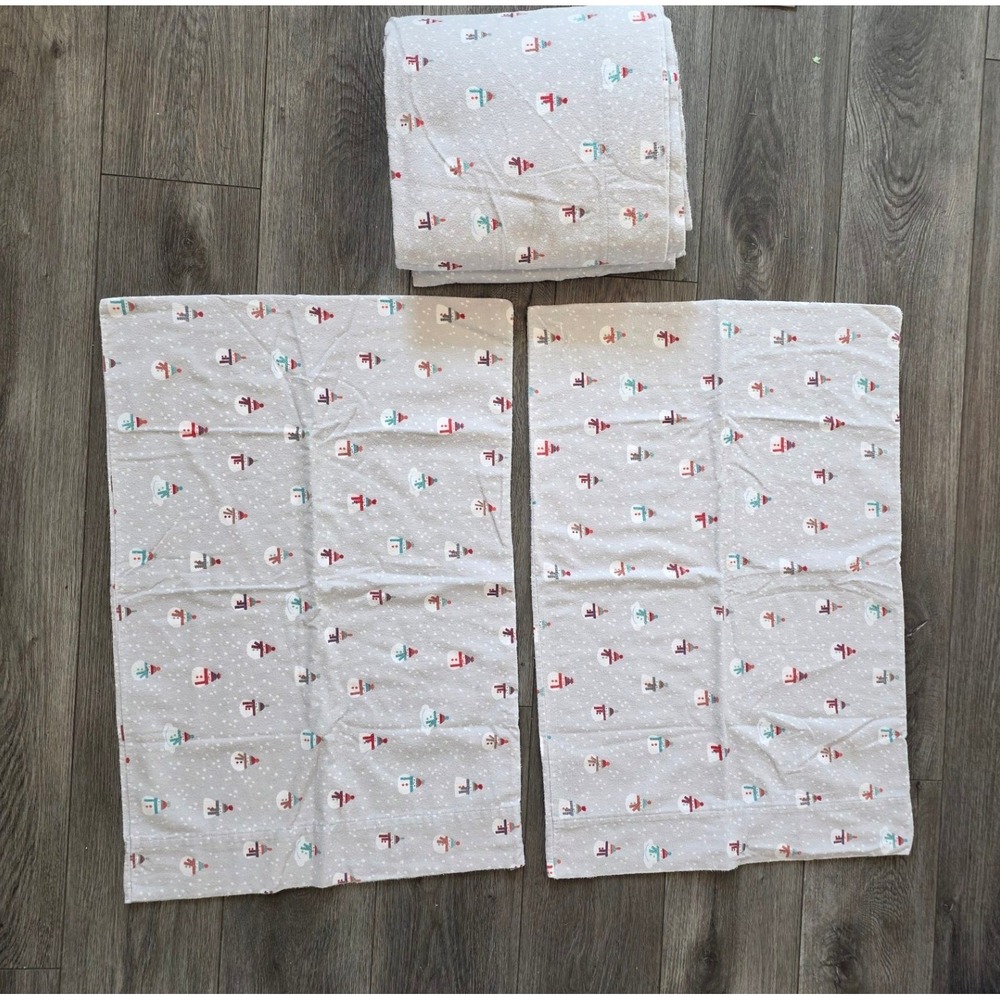Cuddl Duds Queen flat Sheet & 2 pillowcases Grey Snowman Flannel Winter Bedding